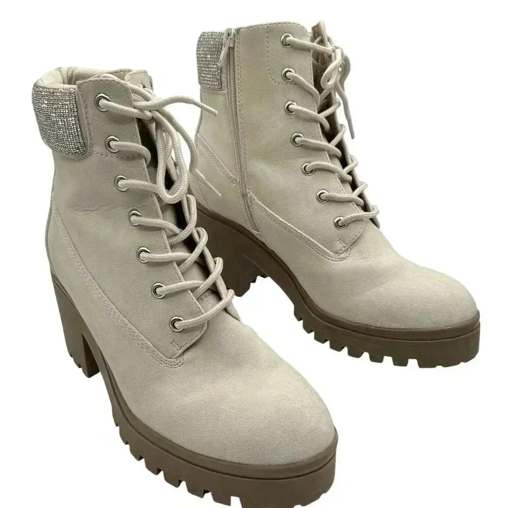 Wild Pair Womens 8.5 White Bentli Nubuck Embellished Combat & Lace-up Boots